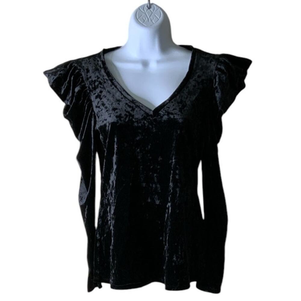 Bisou Bisou Velvet Ruffle Top Women M Vintage Long Sleeve Elegant Blouse